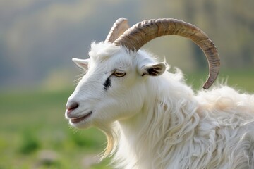 Obraz premium Majestic white goat with twisting horns stands gracefully in a lush green meadow on a sunny afternoon