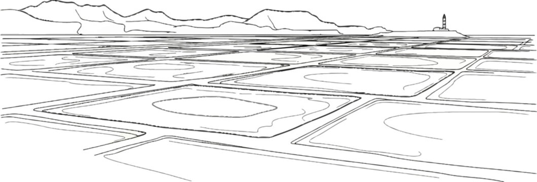 Stylized perspective drawing of salt pans with distant mountains and lighthouse