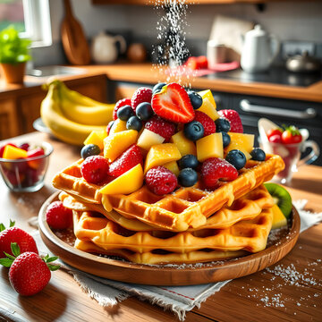 Escena matutina alegre con waffles, jarabe de arce fluyendo y frutas vibrantes sobre madera
