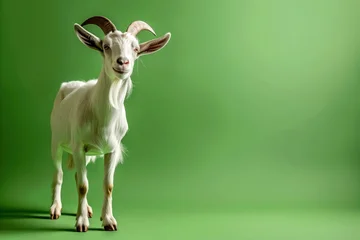 Fotobehang Dierenarts Playful goat stands cheerfully against a vibrant green backdrop, bringing joy and charm to the moment under soft lighting  © bodnarphoto