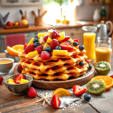 Desayuno vibrante con waffles dorados, frutos rojos, rodajas de pl&aacute;tano y crema batida