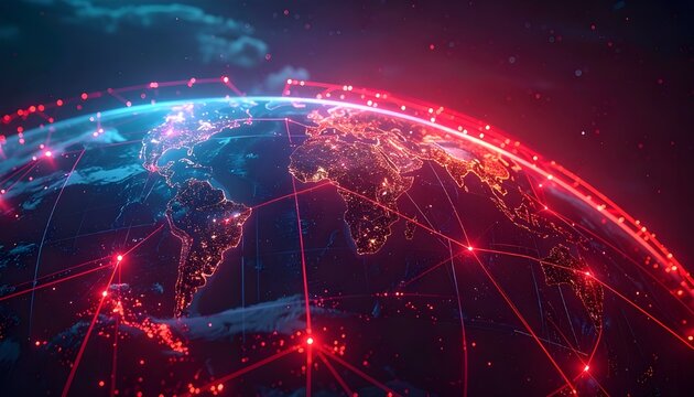 Glowing network connections across the globe at night