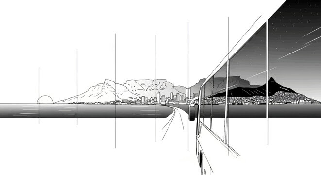 Panoramic view of a coastal city with mountains and a bus window
