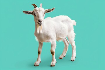 Obraz premium Cute white goat with playful demeanor stands on vibrant teal background at a sunny farm setting