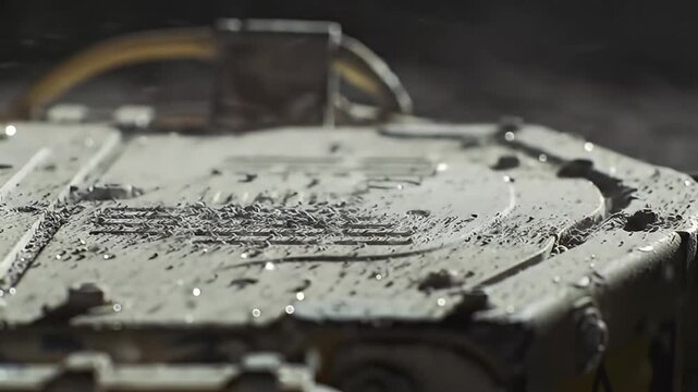 Mud-splattered metal box, partially blurred, bokeh highlights, worn, gritty surface detail