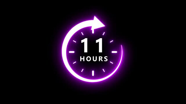 Glowing neon purple clock displaying eleven hours with a circular arrow indicating time elapsed against a dark black background