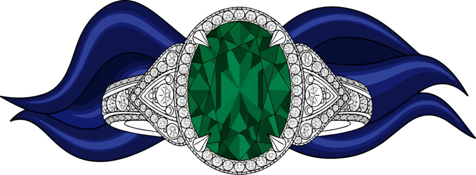 Detailed illustration of a dazzling oval emerald ring adorned with diamond accents, set against flowing navy waves