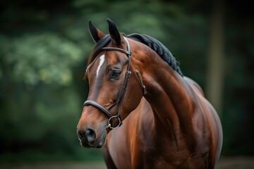 Fototapeta premium Majestic brown horse standing gracefully in a lush green forest during a serene afternoon