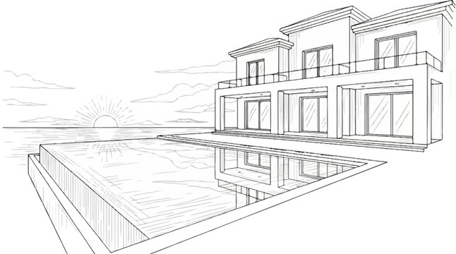 Modern villa with infinity pool overlooking the ocean at sunset