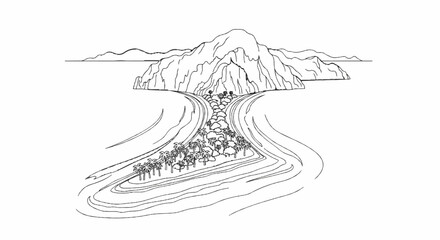 Stylized drawing of a tropical island nestled between curving water channels, leading to a mountain