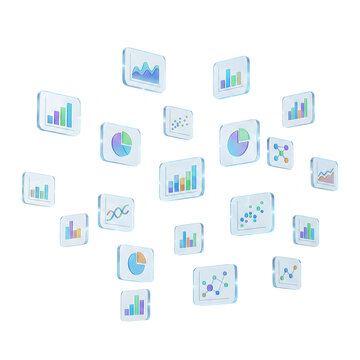 Network of glass data charts and infographic icons. Big data concept
