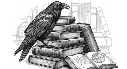 Fototapeta premium Black bird perched upon a substantial stack of antique literature beside an open manuscript