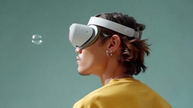 Immersed in Digital Realm: A person embraces cutting-edge technology, donning a virtual reality headset, suggesting exploration, immersion, and interactive experiences. 
