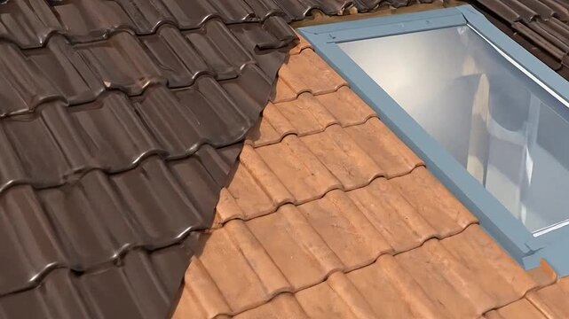 A partially tiled roof showing new and old tiles with a skylight installed