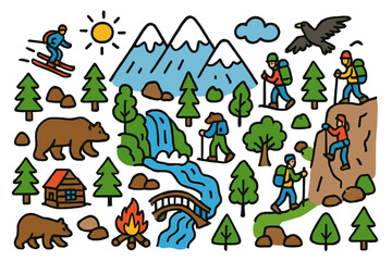 Naklejka premium Vibrant Mountain Adventure. Mountain. Colorful Hand-drawn doodle Children illustration Mountain peaks, trees, rocks, snow, skiers, hikers, climbers, bears,
