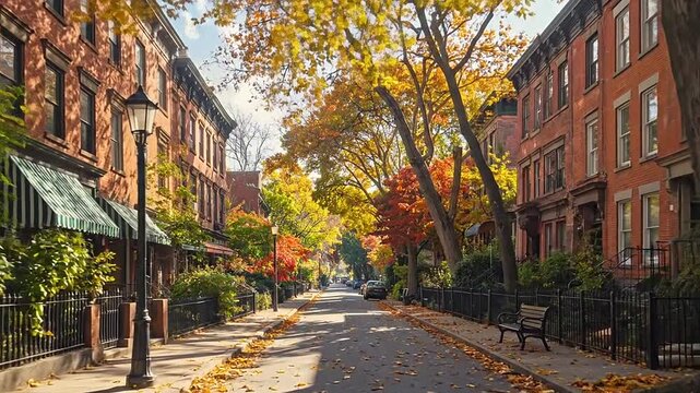 A tree-lined street in a residential neighborhood during autumn