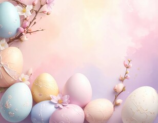 Colorful Easter Eggs Surrounded by Blooms and Pastel Background