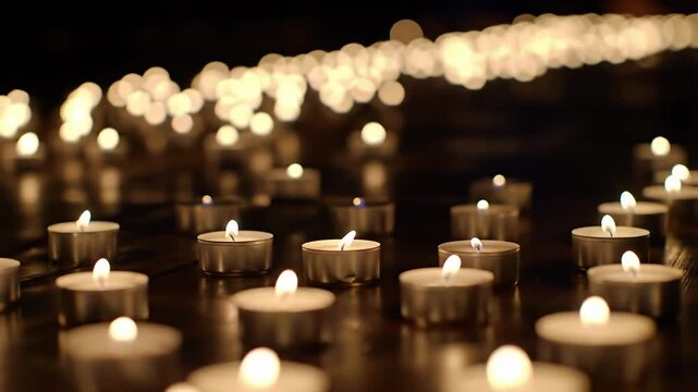 Many lit candles in metal holders on a dark surface, bokeh lights in background