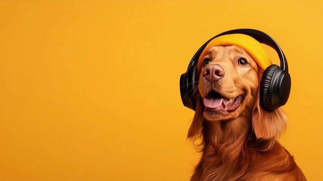 Front view portrait of dog wearing modern headphones, solid yellow background