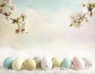 Colorful Easter Eggs Surrounded by Blooming Flowers and Soft Background