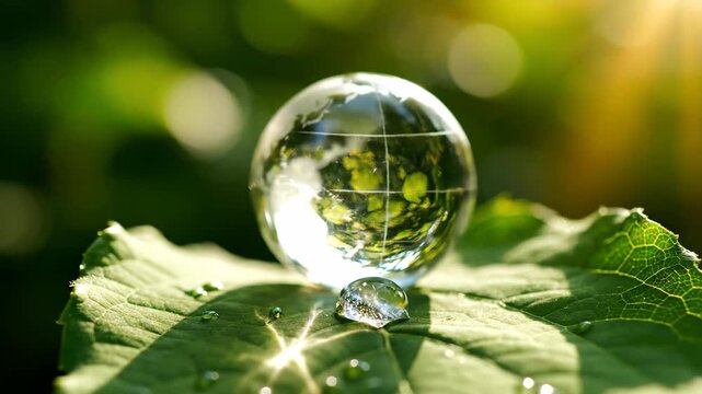 Glass earth globe and water droplets on green leaf