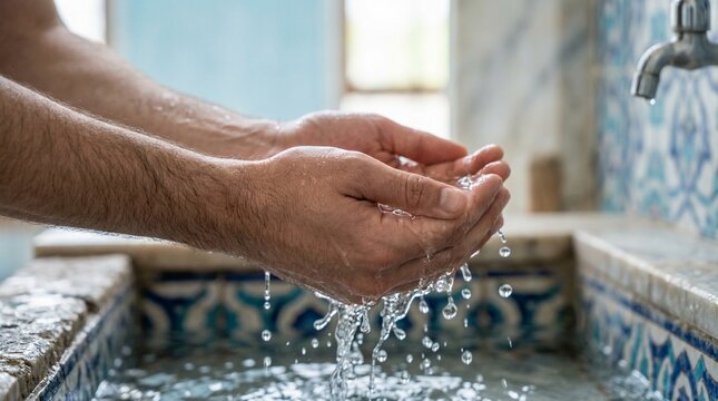 Man's hands performing ritual ablution with water. Islamic wudu washing in a traditional mosque setting