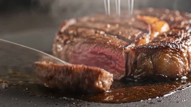 A sharp knife slices a juicy, seared steak on a hot surface with steam rising