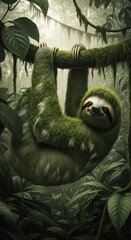 Fototapeta premium Adorable, moss-covered mammal hangs suspended from a vine in a dense, humid jungle environment