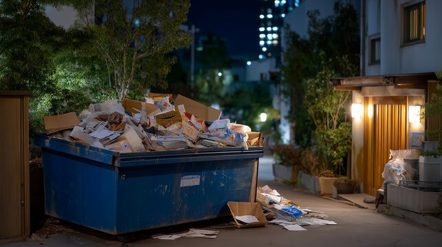 A chaotic scene featuring over flowing dumpsters provides a visual commentary on consumerism and urban living, showcasing discarded items that reflect modern society's disposable culture in a