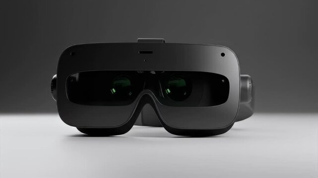 Black, sleek VR headset stands on a neutral surface, front-facing, in clean studio lighting