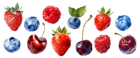 Assortment of fresh summer berries and cherries watercolor illustration. Painting vibrant red and blue fruits with green leaves on an isolated white background © Narin