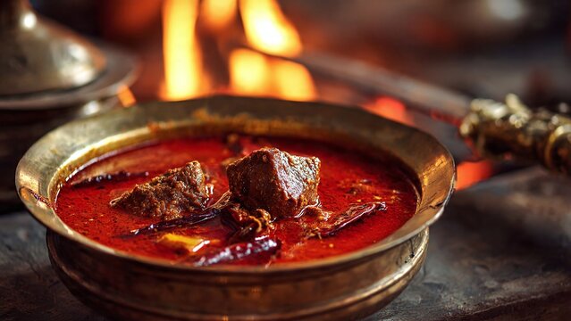 Fiery red mutton curry in traditional brass vessel &ndash; Indian Pakistani cuisine, Asian cuisine, Spicy mutton curry served in traditional brass bowl, Traditional Indian Pakistani mutton curry