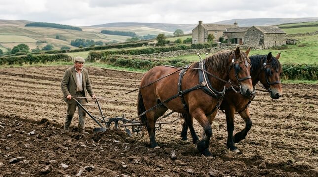 Horses plowing a field with a man.