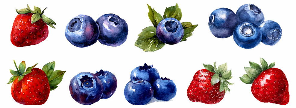 Watercolor strawberries and blueberries with green leaves on white background, fresh, juicy summer berries for healthy eating, nutrition, dessert and fruit themed designs