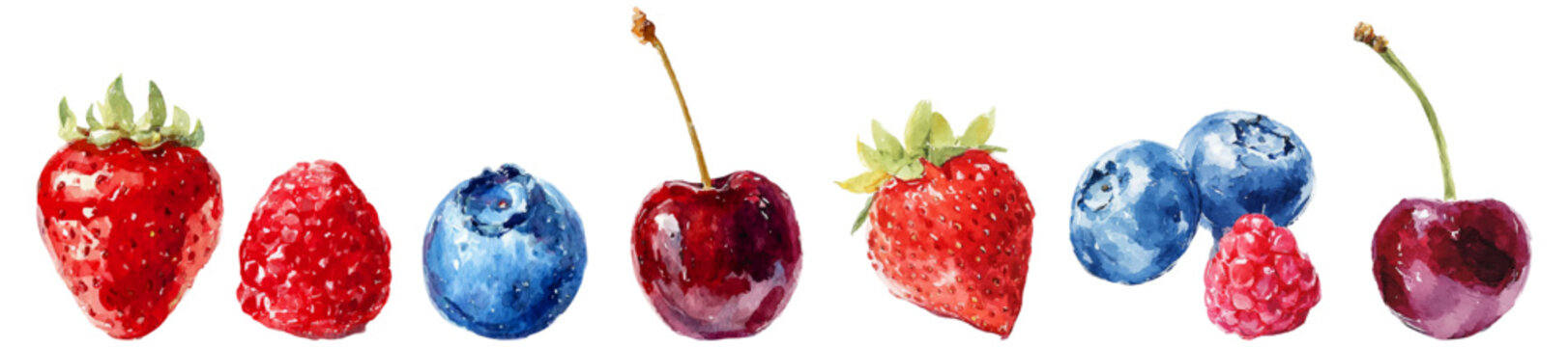 Fresh watercolor berries and fruits set featuring vibrant red raspberries, strawberries, blue blueberries, and dark red cherries, perfect for healthy eating designs