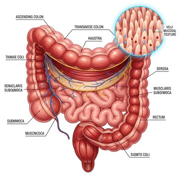 Detailed Diagram of Large Intestine Anatomy Viewed From Abdominal Angle