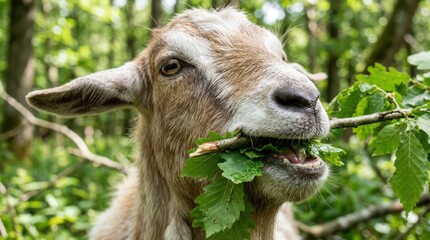 Fototapeta premium Goat enjoying a tasty snack of fresh green leaves.