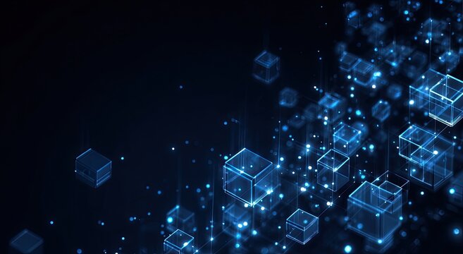 Abstract digital cubes and particles form a futuristic glowing network