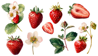 Watercolor collection featuring vibrant red strawberries, fresh green leaves, delicate white blossoms, and various stages of fruit development for seasonal designs © Narin