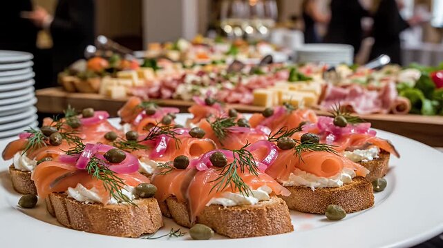 Elegant smoked salmon canap&eacute;s served at a blurred buffet event