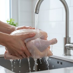 Fototapeta premium Fresh Raw Raw Chicken Being Rinsed Under Running Water