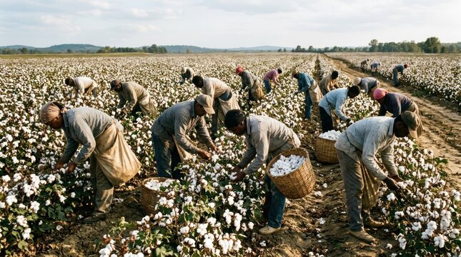 Cotton harvest: workers picking cotton in a field.