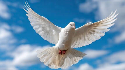 Fototapeta premium White dove flies in blue sky with clouds, symbolizing freedom and hope for people around the world in a bright moment