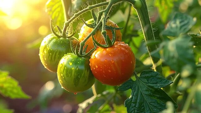 Ripening tomatoes on the vine with water droplets in warm sunlight