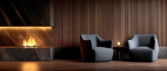 Naklejka premium Elegant living room featuring a stone fireplace with two gray armchairs and dark wood flooring, perfect for cozy gatherings or relaxation activities