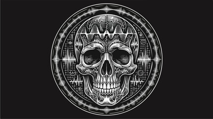 Intricate Skull Design with Geometric and Soundwave Elements.
