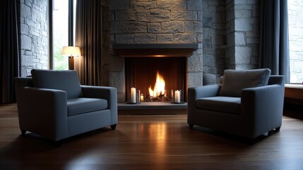 Naklejka premium Living room interior featuring a stone fireplace and gray armchairs on dark wood floor with space for text or product display adjacent to large windows