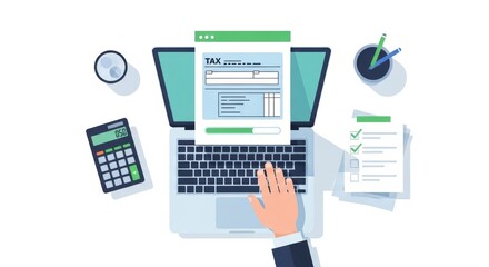 A person submitting taxes online, laptop screen with generic tax form, calculator, checklist with check marks