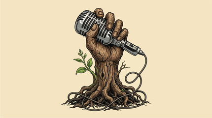 Tree trunk hand holding vintage microphone with growing plant. © ngamaz