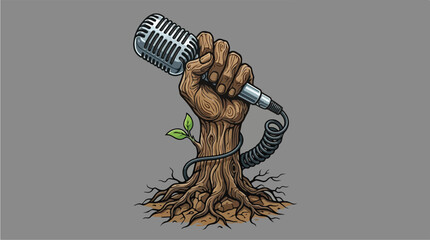 Tree trunk with fist holding microphone symbolizing natures voice. © ngamaz